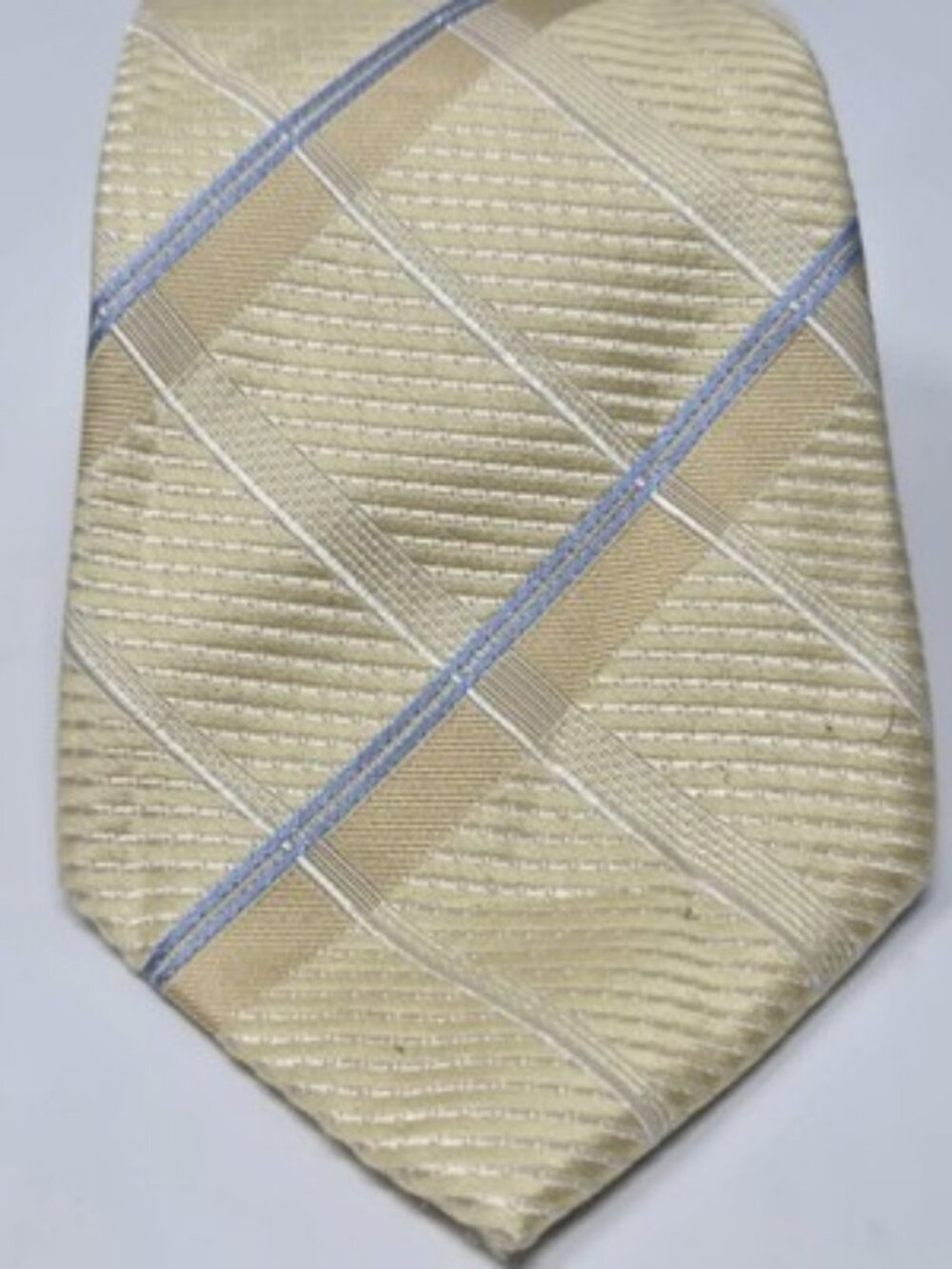 Jones New York 100% Silk Yellow Gold Blue Plaid Stripe Geometric Pattern Tie